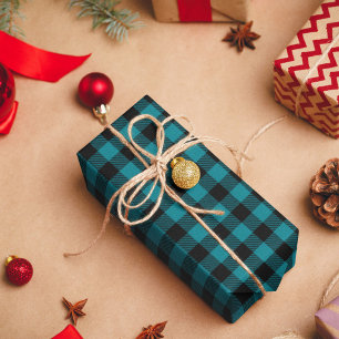 Dunkles Türkis und schwarzes Büffelkaromuster Geschenkpapier