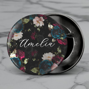 Dunkles Türkisrotes Florales Monogramm Button