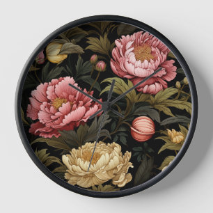 Dunkles Vintage-Pfingstrosen-Blumenmuster-Wand Uhr