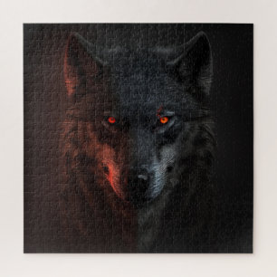 Dunkles Wolfporträt mit feurigen Augen und rotem L Puzzle