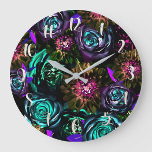 Dunkles Wunderland Fette Glamour Blumen Blüten Große Wanduhr