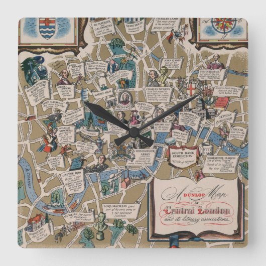 Dunlop map- Literary Landmarks of Central London Quadratische Wanduhr (Vorderseite)