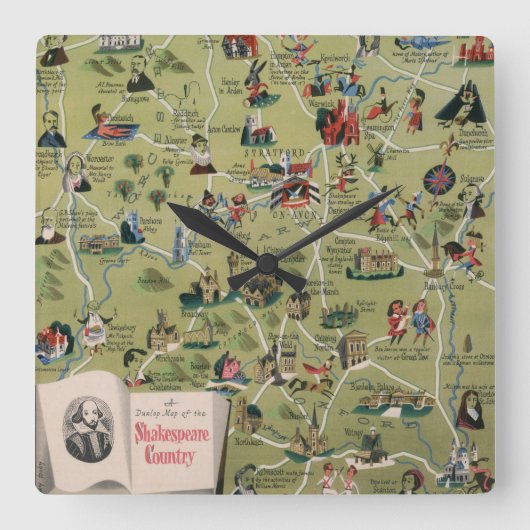 Dunlop Map of Shakespeare Country, England Quadratische Wanduhr (Vorderseite)