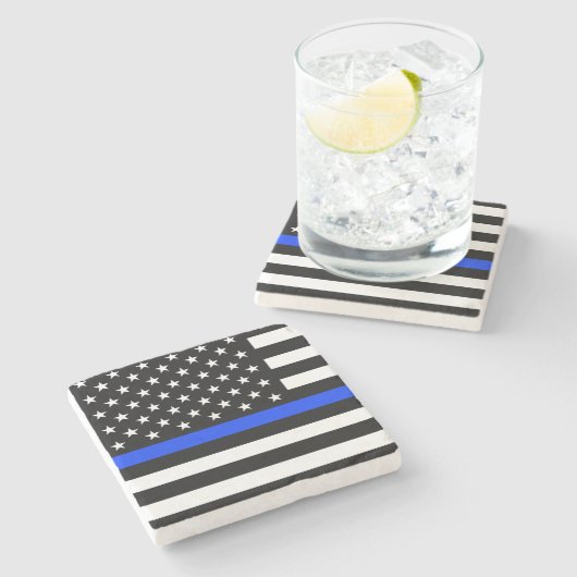 Dünne Blaue Linie Polizei-Flagge Steinuntersetzer (Seitenansicht)