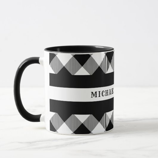 Dünne weiße Linie Büffel-kariertes Monogramm EMS Tasse (Links)
