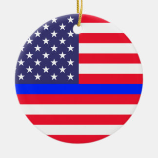 "DÜNNES BLUE LINE AUF AMERIKANISCHER FLAGGE " KERAMIK ORNAMENT