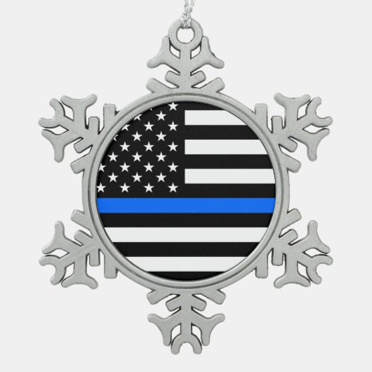 "DÜNNES BLUE LINE AUF AMERIKANISCHER FLAGGE " SCHNEEFLOCKEN Zinn-Ornament (Vorderseite)
