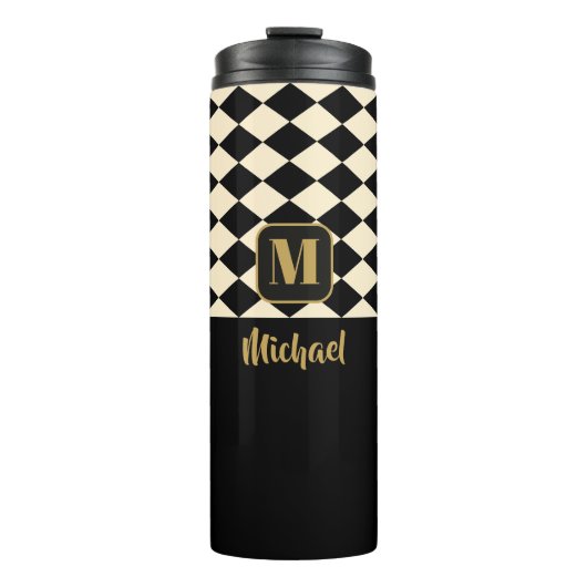 Duo Geo Black & Ivory Cream Individuellen Namen Thermosbecher (Vorderseite)
