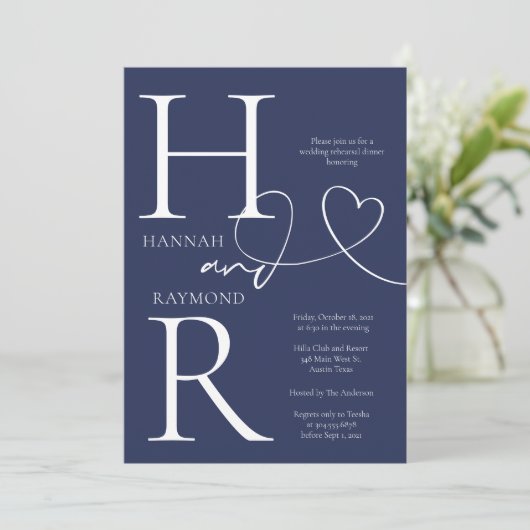 Duogram Navy White Wedding Probe Dinner Einladung (Stehend Vorderseite)