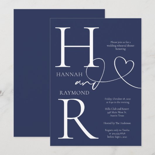 Duogram Navy White Wedding Probe Dinner Einladung (Vorne/Hinten)