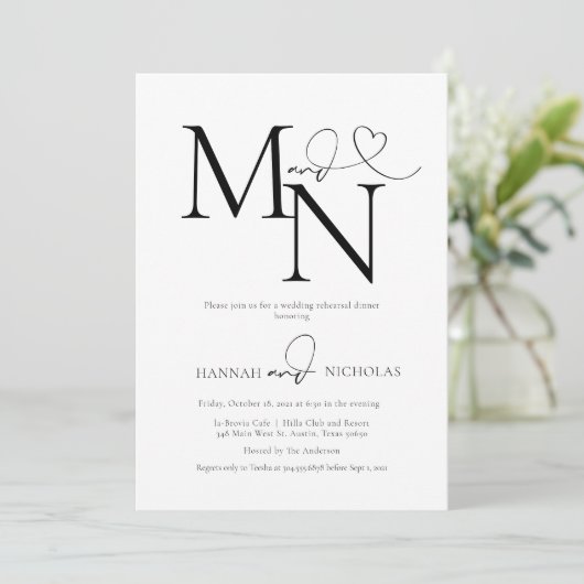 Duogram White Wedding Probe Dinner Einladung (Stehend Vorderseite)