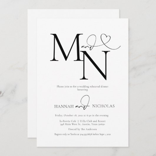 Duogram White Wedding Probe Dinner Einladung (Vorne/Hinten)