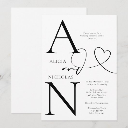 Duogram White Wedding Probe Dinner Einladung (Vorne/Hinten)