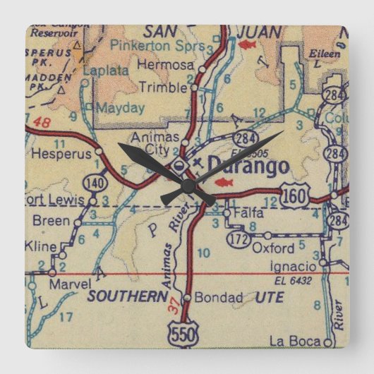 Durango Vintage Map Quadratische Wanduhr (Vorderseite)