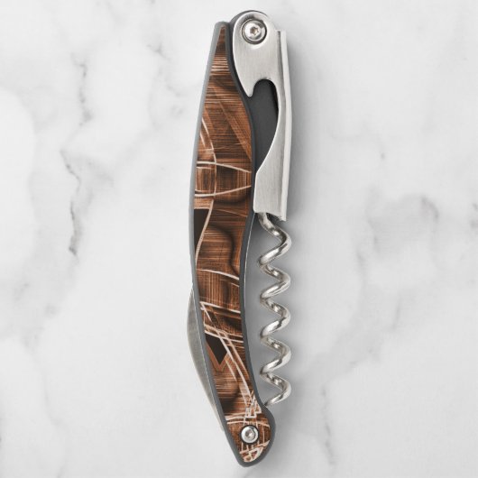 Durch Relief hervorgehobene braune, gekrümmte Bänd Kellnermesser (Rückseite)