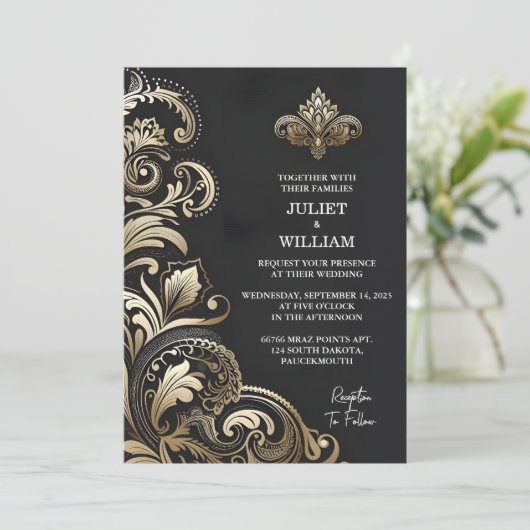 Durch Verzierte Retro-Arabisch-Exotic Bold Damask Einladung (Stehend Vorderseite)