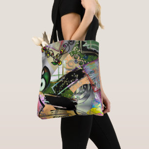 Durcheinander von Designobjekten und Symbolen mit Tasche