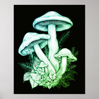 Durchsichtige grüne Pilze Schwarze Hintergrundwand Poster