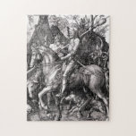 Durer Knight Death and the Devil Puzzle<br><div class="desc">Albrecht Durer Knight Death und das Teufel-Puzzle. Holzschnitt Gravur aus dem Jahre 1513. Einer der berühmtesten Gravuren der NordRenaissance-Künstlerin Albrecht Durer, Knight Death and Devil, ist ein allegorisches Werk mit einem nordeuropäischen Ritter, der in voller Rüstung auf einem Pferd reitet, das von Death flankiert wird, der eine Stunde Glas hält,...</div>