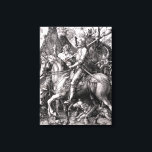 Durer Ritter Tod und der Teufel Leinwanddruck<br><div class="desc">Albrecht Durer Ritter Tod und der Teufel. Holzschnitt Gravur aus dem Jahre 1513. Einer der berühmtesten Gravuren des nordRenaissancekünstlers Albrecht Durer, der Rittertod und Teufel, ist ein allegorisches Werk, in dem ein nordeuropäischer Ritter in voller Rüstung auf einem Pferd reitet, das von dem Tod flankiert wird, der ein Stundenglas hält,...</div>