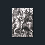 Durer Ritter Tod und der Teufel Leinwanddruck<br><div class="desc">Albrecht Durer Ritter Tod und der Teufel. Holzschnitt Gravur aus dem Jahre 1513. Einer der berühmtesten Gravuren des nordRenaissancekünstlers Albrecht Durer, der Rittertod und Teufel, ist ein allegorisches Werk, in dem ein nordeuropäischer Ritter in voller Rüstung auf einem Pferd reitet, das von dem Tod flankiert wird, der ein Stundenglas hält,...</div>