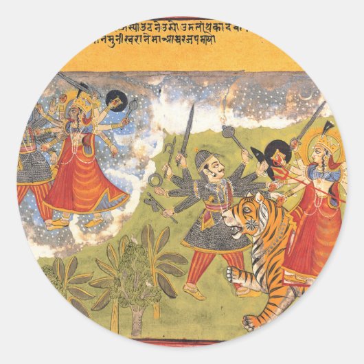 Durga kämpft gegen die Daitya Raja Runder Aufkleber (Vorderseite)