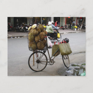 Durian zum Verkauf auf einem Fahrrad Postkarte