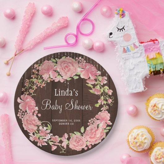 Duschbad Aquarell Rosa Blumenholz Pappteller (Party)