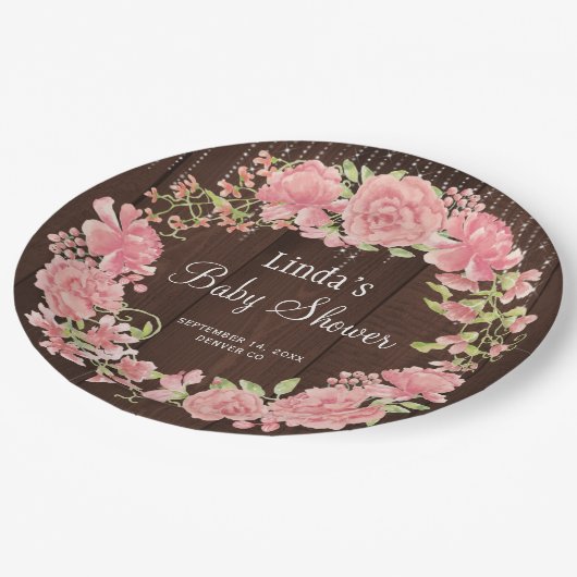 Duschbad Aquarell Rosa Blumenholz Pappteller (Schrägansicht)