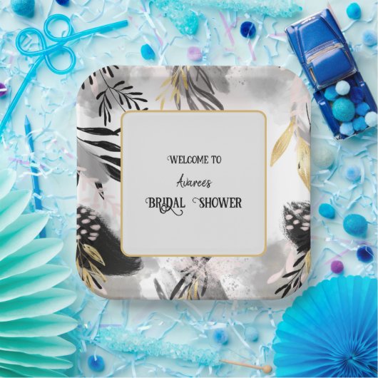 Dusche aus schwarzem, grauem und goldgelbem Leafy Pappteller (Party)