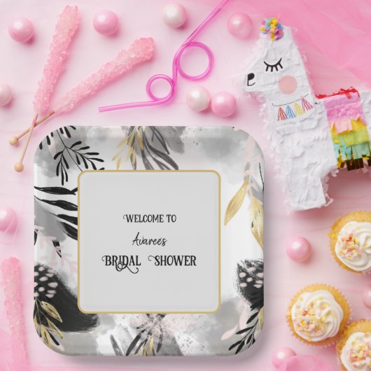 Dusche aus schwarzem, grauem und goldgelbem Leafy Pappteller (Party)