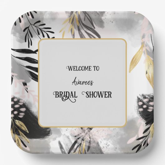 Dusche aus schwarzem, grauem und goldgelbem Leafy Pappteller (Vorderseite)