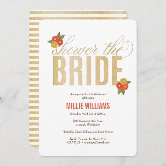 Dusche der Braut Glitzer & Blumen Dusche Einladung (Vorne/Hinten)