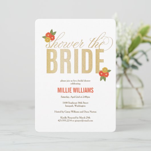 Dusche der Braut Glitzer & Blumen Dusche Einladung (Stehend Vorderseite)