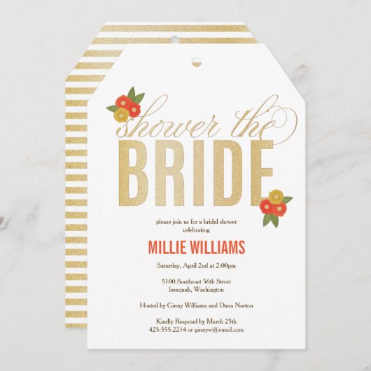 Dusche der Braut Glitzer & Blumen Dusche Einladung (Vorne/Hinten)