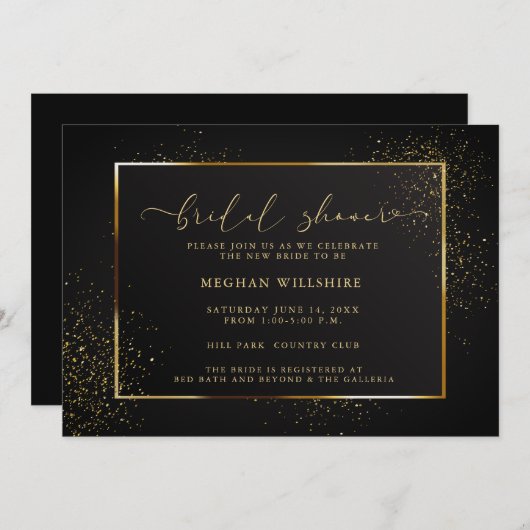DUSCHE | Eleganter Schwarz-Gold-Glitzer Einladung (Vorne/Hinten)