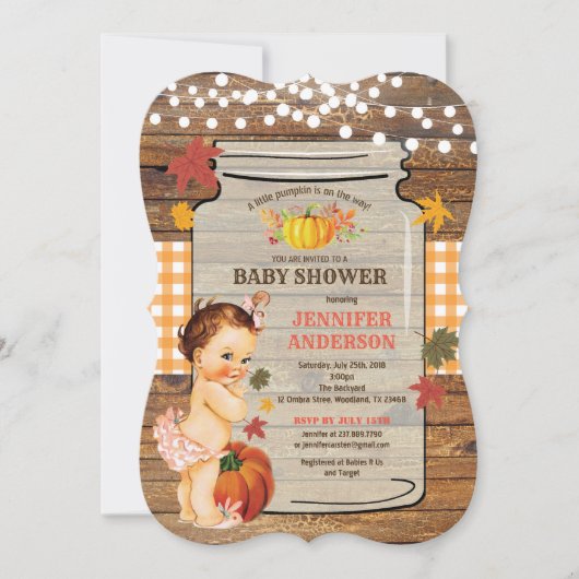 Dusche für Kürbiskinder, rustikales Holz Einladung (Vorderseite)