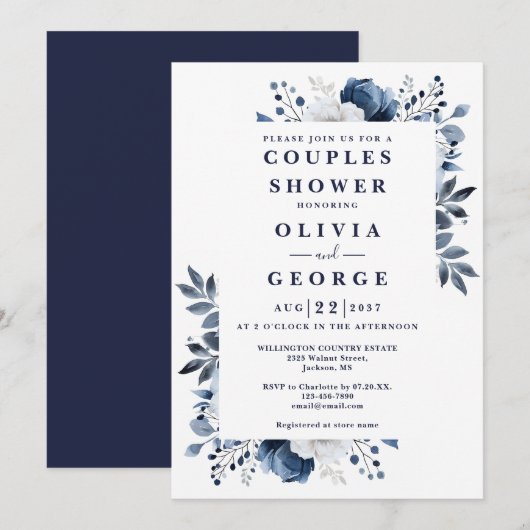 Dusche für Navy Blue Elegant Blumenpaare Einladung (Vorne/Hinten)