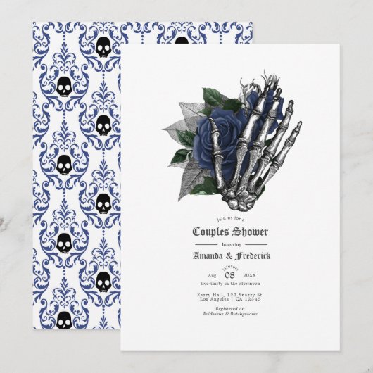 Dusche für Navy Blue Floral Skull Gothic Couples Einladung (Vorne/Hinten)