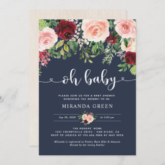 Dusche für Navy und Blush Burgundy Floral Baby Sho Einladung