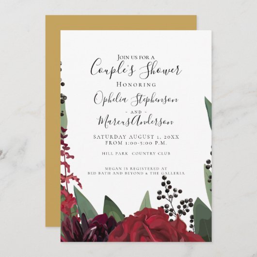 Dusche für Paar | Elegant Burgundy Marsala Floral Ankündigung (Vorne/Hinten)