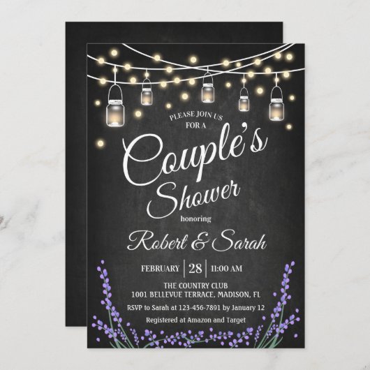 Dusche für Paare - Lavendel Chalkboard Einladung (Vorne/Hinten)