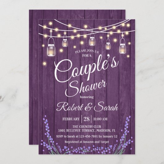 Dusche für Paare - Lavendel Rustikales Holz Einladung (Vorne/Hinten)