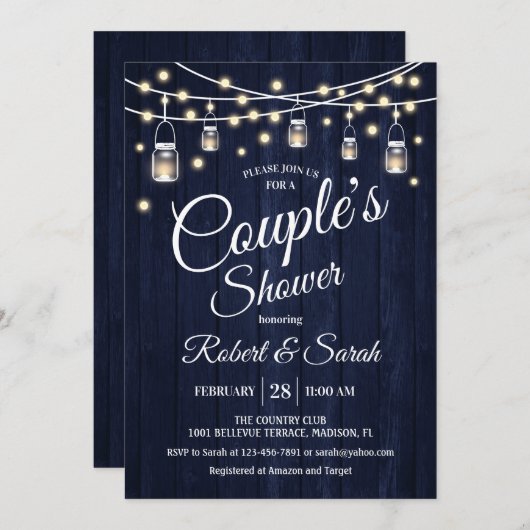 Dusche für Paare - Navy Rustic Wood Einladung (Vorne/Hinten)