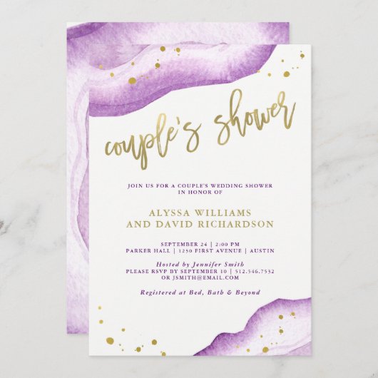 Dusche für Wasserfarben-Lavendel und Gold Geode-Pa Einladung (Vorne/Hinten)