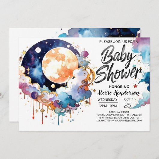 Dusche für Watercolor Celestial Soiree Einladung (Vorne/Hinten)
