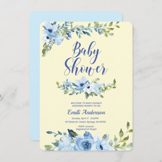 Dusche in dunkelblau und gelb für Kleinkinder Einl Einladung (Vorne/Hinten)