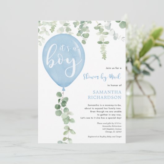 Dusche mit blauem Luftballon Eukalyptus Babydusche Einladung (Stehend Vorderseite)