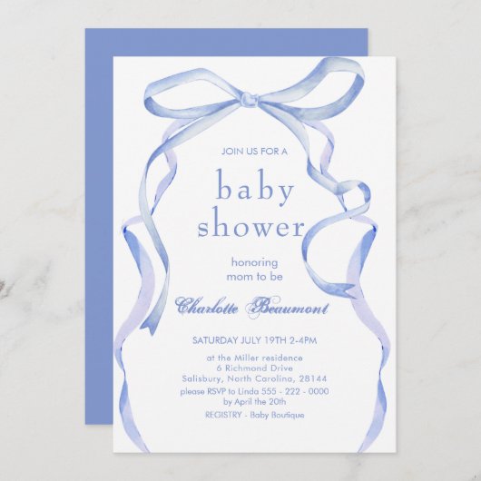 Dusche mit blauer Ribbon Watercolor Einladung (Vorne/Hinten)