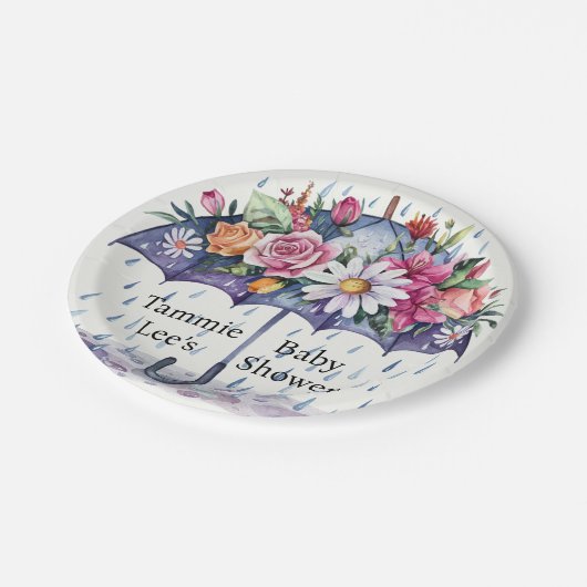 Dusche mit Blume Babydusche Pappteller (Schrägansicht)